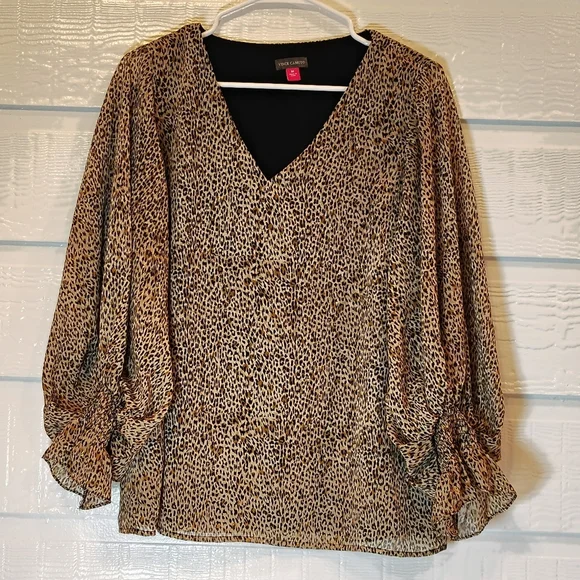 Vince Camuto Top Womens M Brown Ruffle Leopard Print Smock Sleeve Maximalist - Picture 2 of 8
